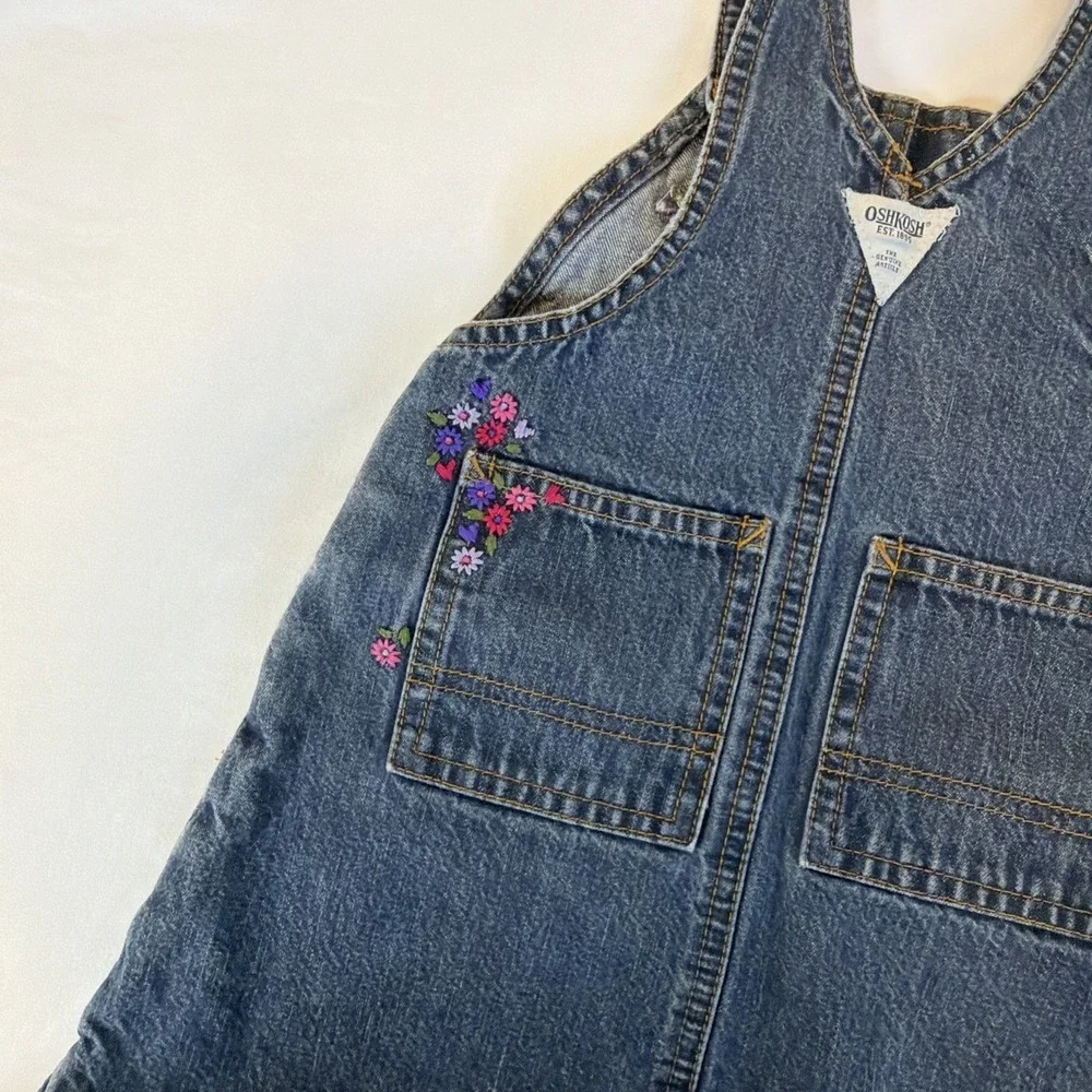 OshKosh B'gosh Girl Denim Overalls Dress Embroidered Flowers 18M Toddler Vtg Y2K